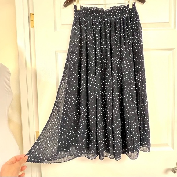 LOFT Dotted Pleated Midi Skirt Size XS Forever Navy Women's lined flowy chiffons - Picture 2 of 9
